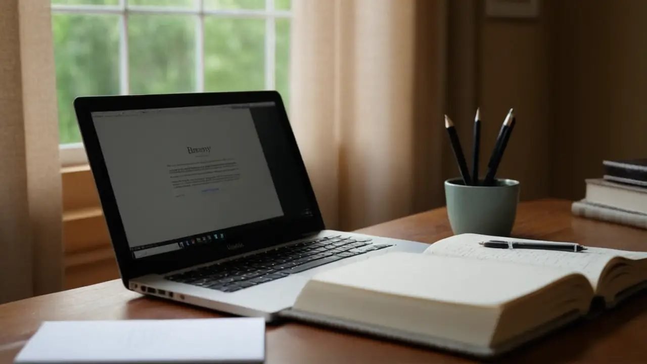 Escritorio organizado con laptop y luz natural