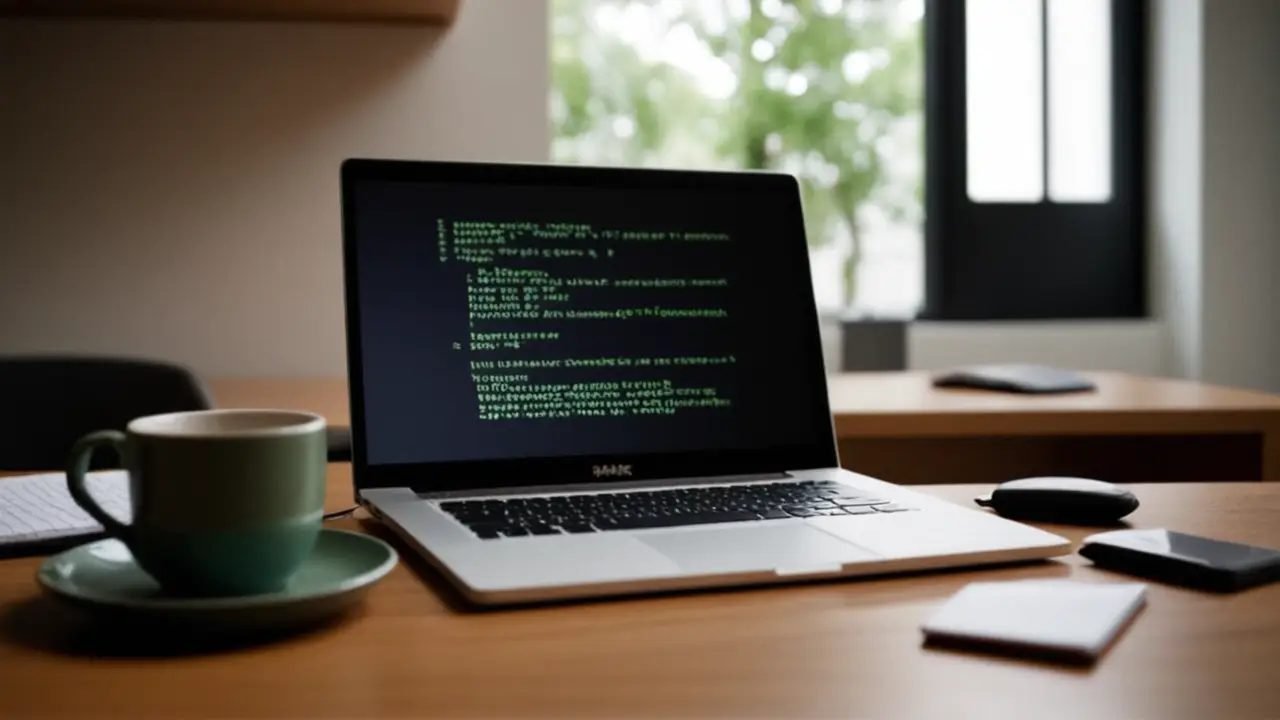 Escritorio iluminado con laptop y código Python