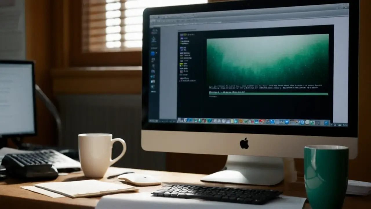 Programador trabajando en escritorio iluminado