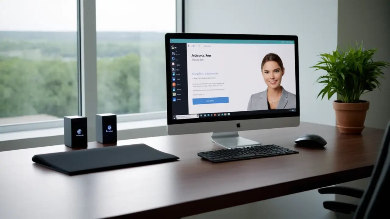 Oficina con logo IBM Watson en pantalla