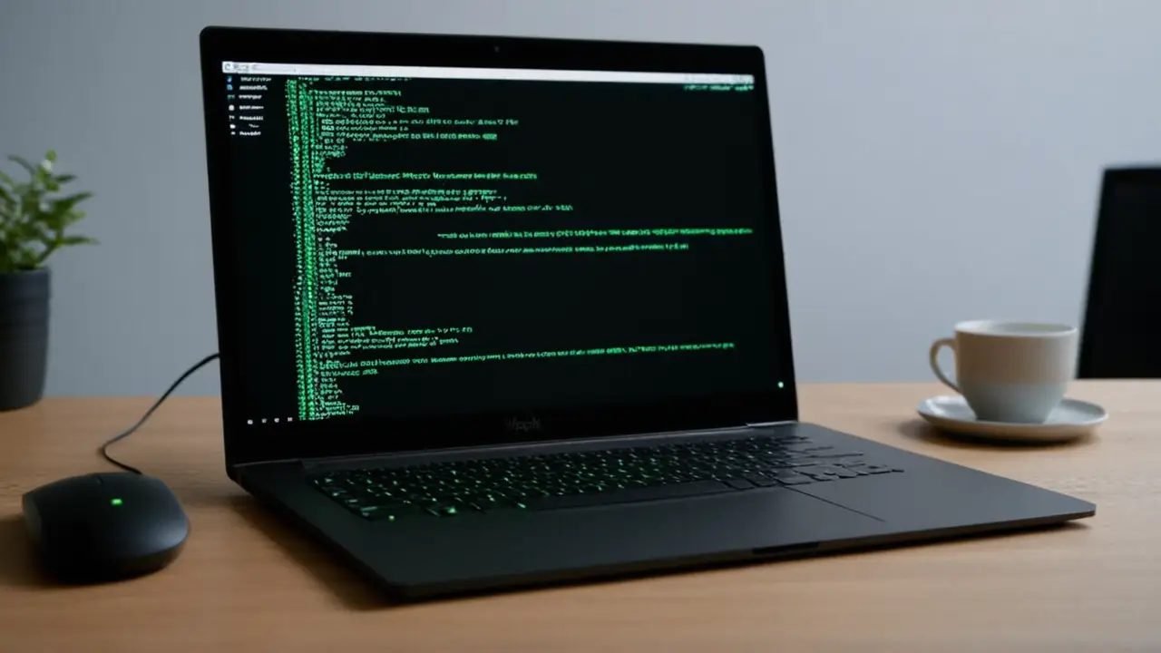 Laptop con terminal WSL en escritorio iluminado